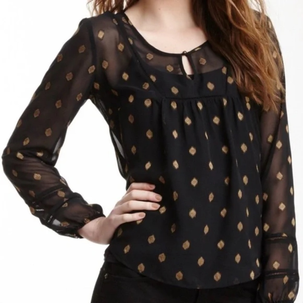 Lucky Brand Black Sheer Blouse with Gold Diamond Accents